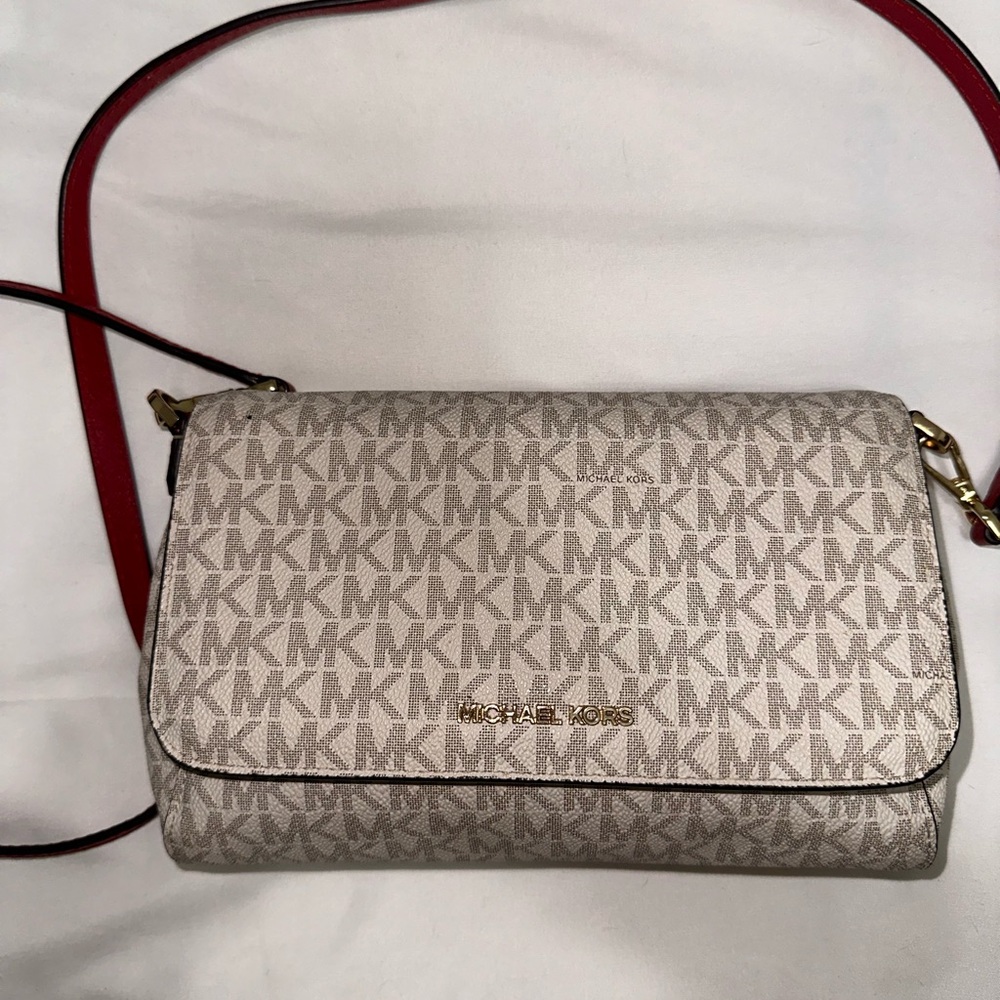 Michael Kors Monogram Beige and Red Crossbody Bag